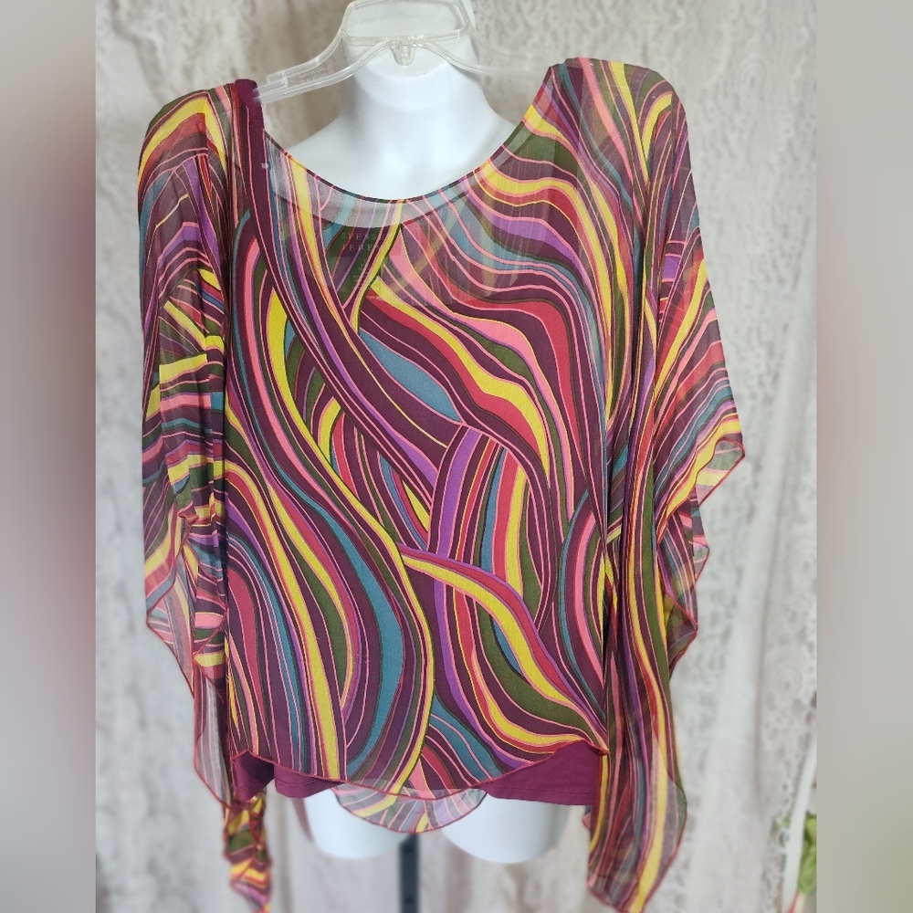 Spenser Jeremy Colorful Burgundy Yellow Green Swirl Silk Poncho Blouse NWOT